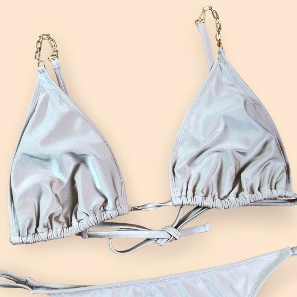 Shade & Shore Beige Shimmer Chain Two Piece Bikini Swimsuit Thong Women’s L/XL